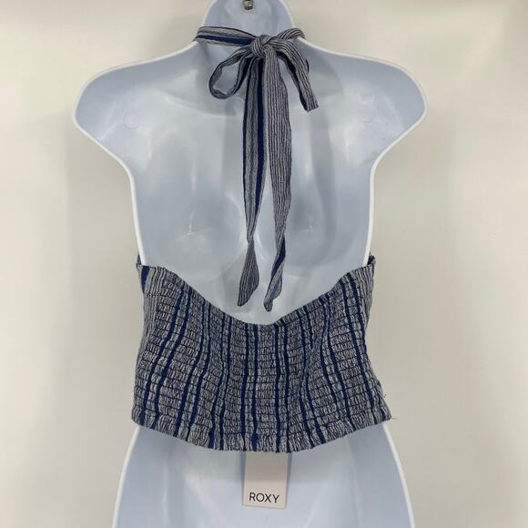 Roxy Bandeau Crop Halter Womens Top Sz L Boho Coastal Y2K Beach Smocked Striped - Picture 5 of 12